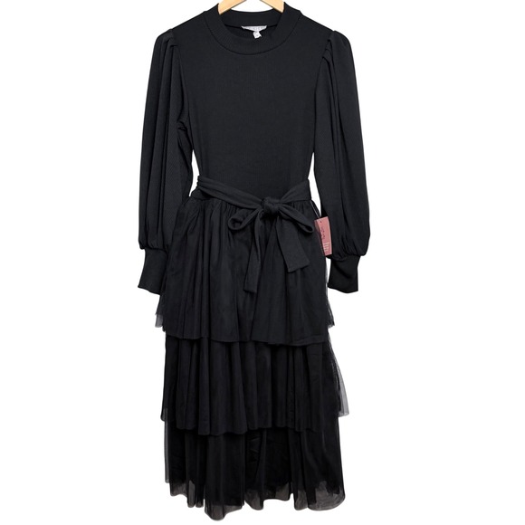 Ivy City Co. Dresses & Skirts - NEW‎ Ivy City Co Cosette Midi Dress Black Ribbed Tulle Tiered Womens Small